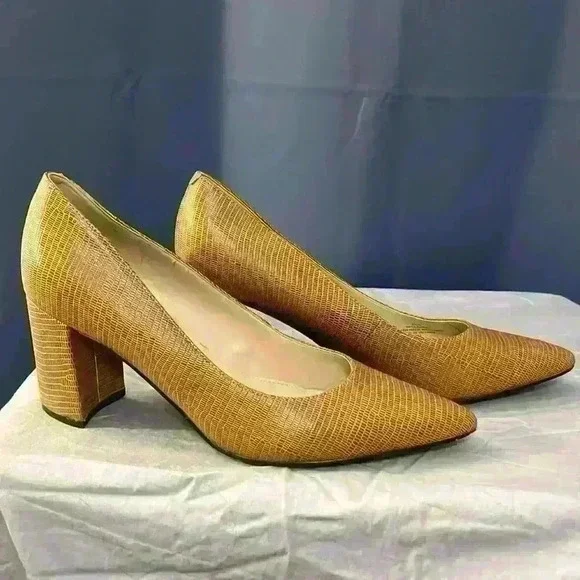 Marc Fisher Tan Leather Snake Print Heels - Picture 4 of 7